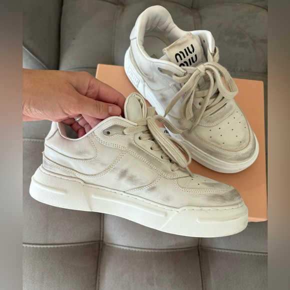MIU MIU White Bleached Leather Sneakers Women’s Low Top Size US 8 EUR 39 Pre-Own - Picture 15 of 16